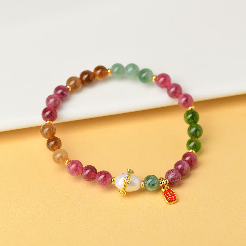 KarmaRipple's Authentic Multicolored Tourmaline Pearl Auspicious Character Talisman Wisdom Bracelet p4