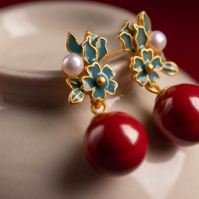 KarmaRipple's 925 Sterling Silver Plated Gold Cinnabar Pearl Flower Blessing Pendant Necklace Earrings Ring Set p13