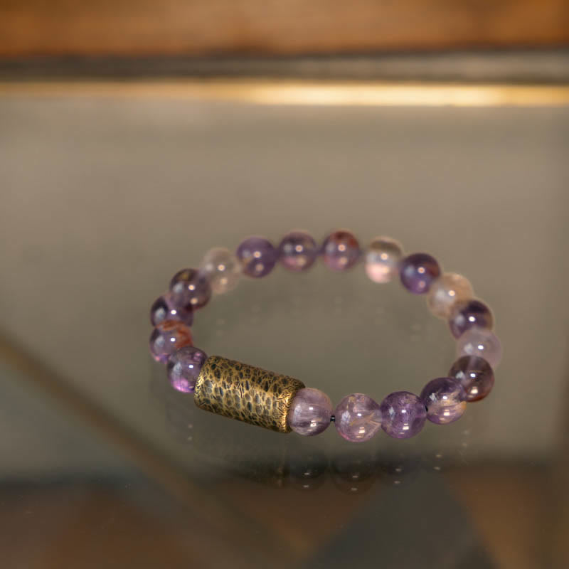 KarmaRipple's Ivory Gemstone Red Hematoid Quartz Gold Rutilated Quartz Purple Phantom Protection Bracelet p25