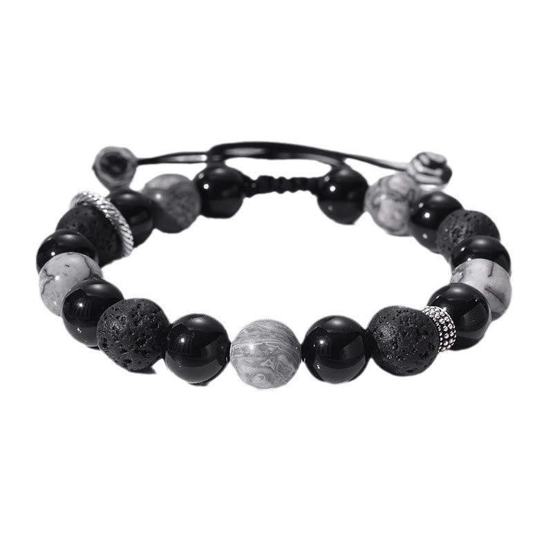 KarmaRipple's Vintage Lava Rock Black Obsidian Picasso Jasper Beadwork Support Rope Bracelet p15