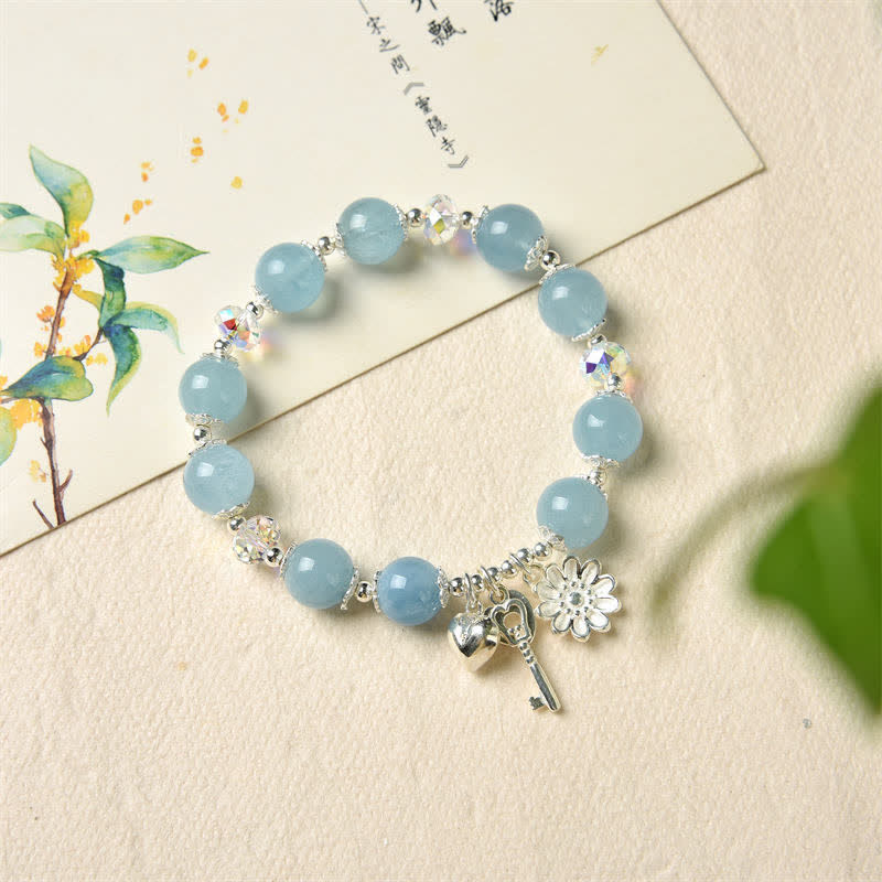 KarmaRipple's 925 Sterling Silver Authentic Aquamarine Serenity Flower Love Key Talisman Bracelet p5