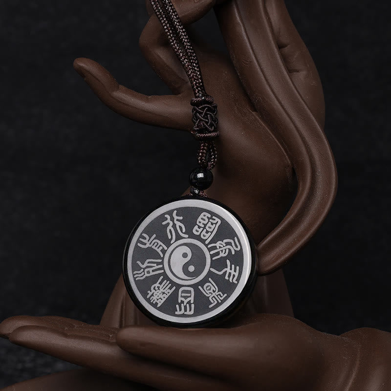 KarmaRipple's Black Obsidian Taoism Five Sacred Mountains Nine-Character Mantra Carved Purification Yin Yang Pendant Necklace p2