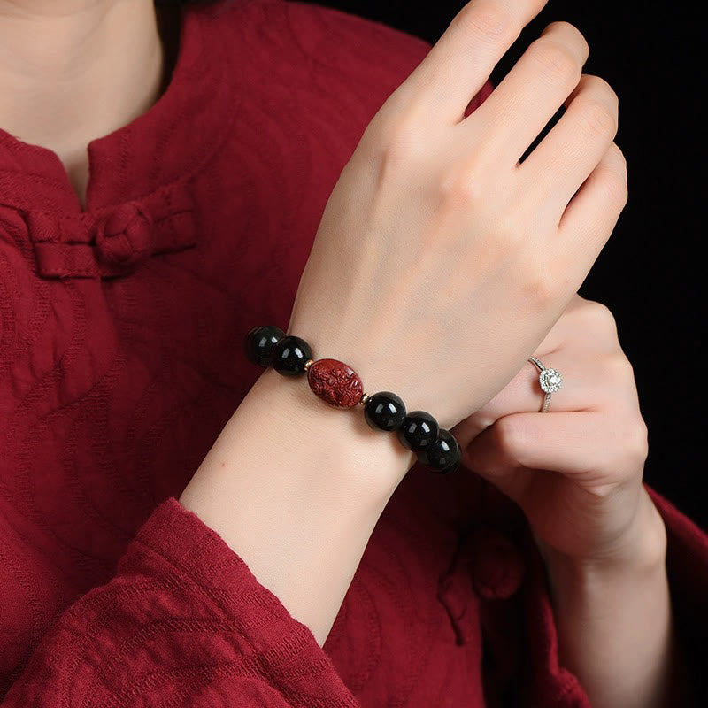 KarmaRipple's Chinese Zodiac Natal Buddha Authentic Black Obsidian Cinnabar Purification Bracelet p27