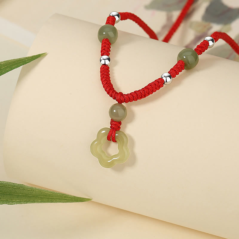 KarmaRipple's 925 Sterling Silver Authentic Hetian Cyan Jade Flower Pentagram Fortune Red Rope Pendant Necklace Bracelet Set p6