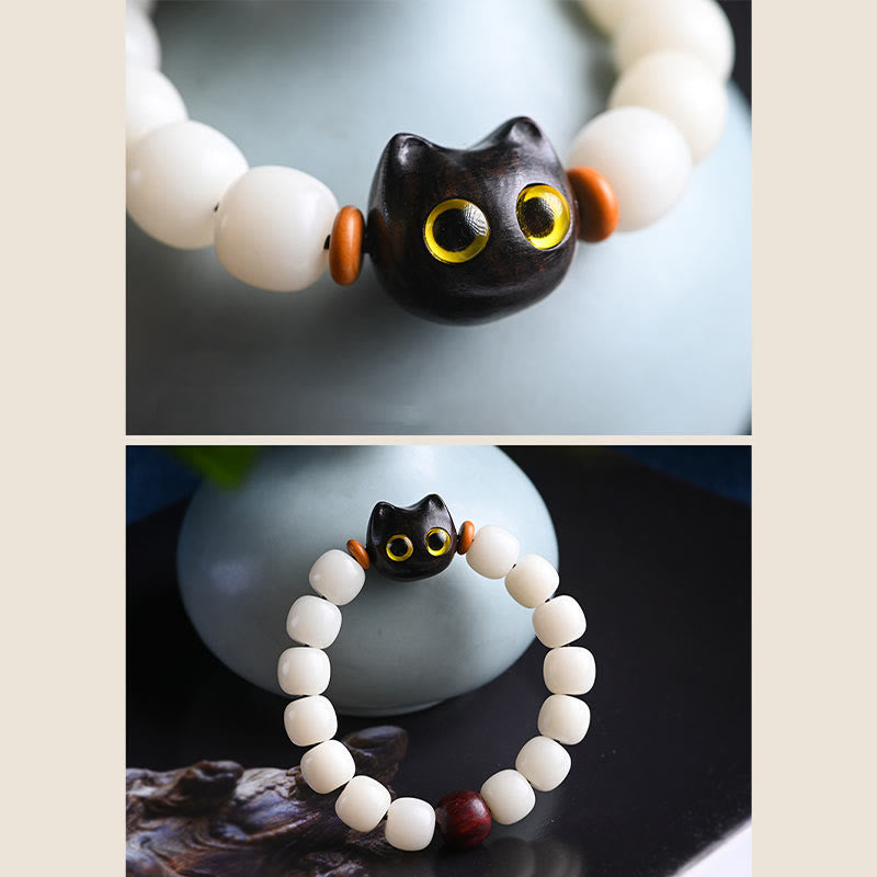 KarmaRipple's Authentic Bodhi Seed Small Leaf Red Sandalwood Ebony Wood Cute Fortunate Cat Wisdom Bracelet p15