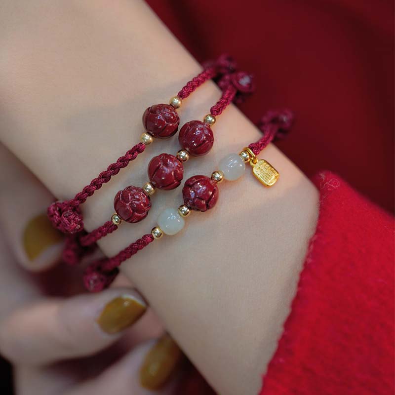 KarmaRipple's Cinnabar Jade Lotus Calm Red String Weave Bracelet p4