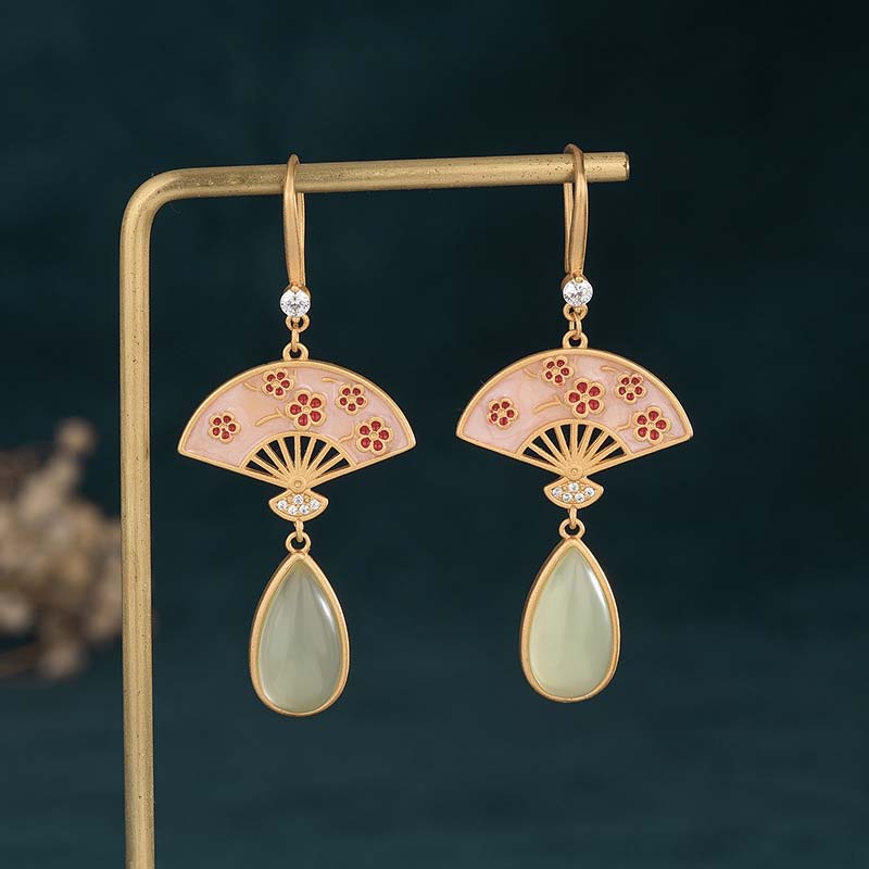 KarmaRipple's Authentic Green Aventurine Fan Pattern Fortune Drop Earrings p7