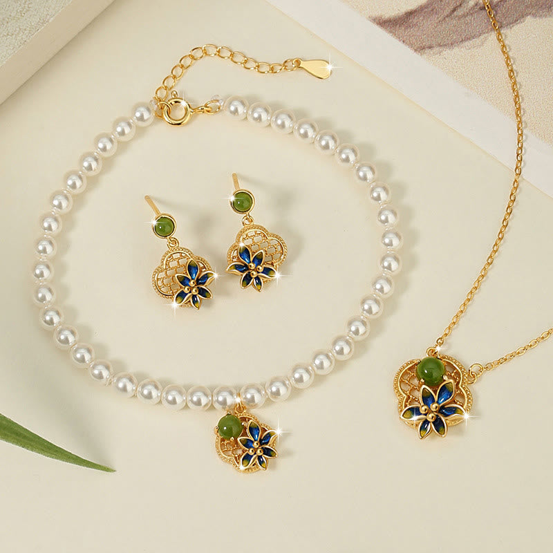 KarmaRipple's 925 Sterling Silver Four Leaf Clover Flower Hetian Cyan Jade Pearl Balancing Pendant Necklace Bracelet Earrings Set p1