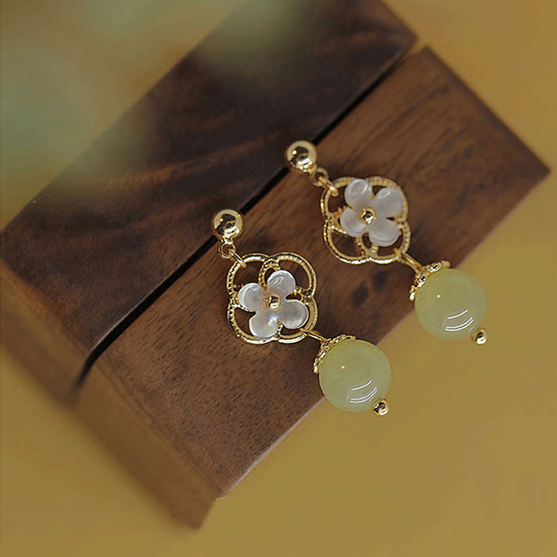 KarmaRipple's Tridacna Stone Flower Jade Bead Blessing Drop Earrings p3