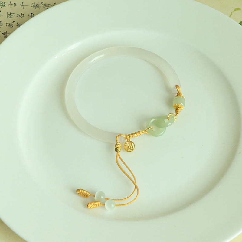 KarmaRipple's 925 Sterling Silver Authentic Ivory Agate Hetian Jade Double Peace Buckle Fu Character Bracelet Bangle p7