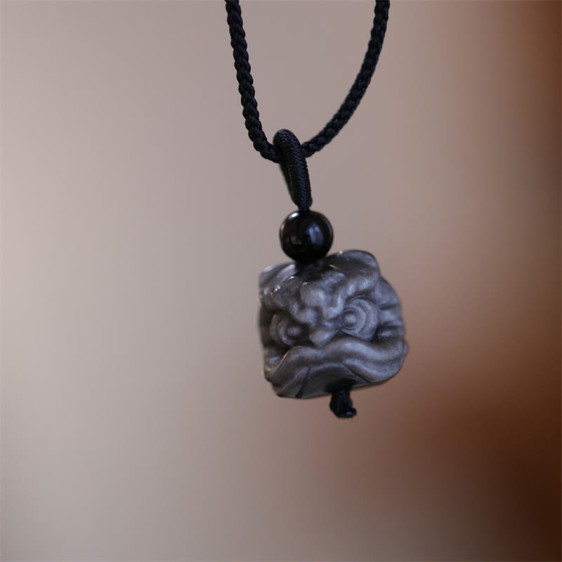 KarmaRipple's Authentic Silver Sheen Obsidian Dancing Lion Protection Pendant Necklace p8