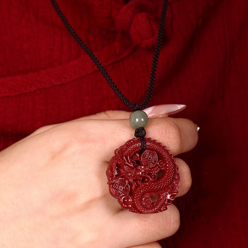 KarmaRipple's Year Of The Dragon Authentic Cinnabar Hetian Jade Bead Bronze Coin Attract Wealth Strength Pendant Necklace p11