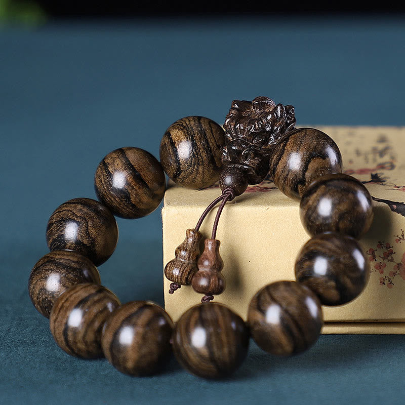 KarmaRipple's Rosewood Green Sandalwood Small Leaf Red Sandalwood Agarwood Dragon Carved Protection Bracelet p35