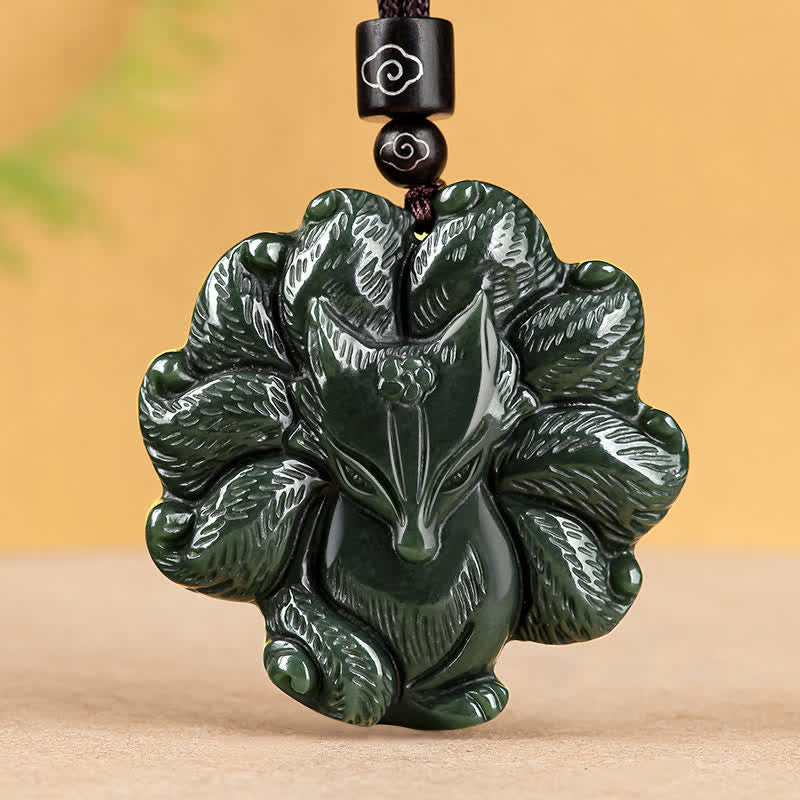 KarmaRipple's Hetian Cyan Jade Nine Tailed Fox Fortune Pendant String Necklace p1