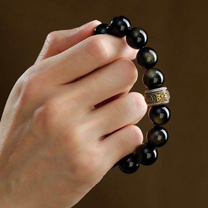 KarmaRipple's Gold Sheen Obsidian PiXiu Cinnabar Om Mani Padme Hum Protection Bracelet p5