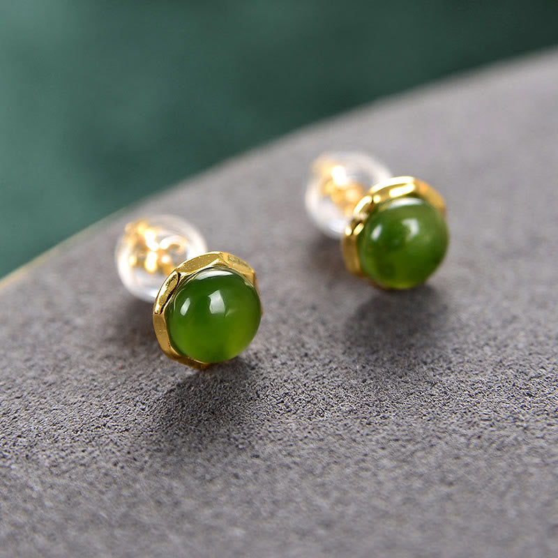 KarmaRipple's 925 Sterling Silver Plated Gold Authentic Hetian Cyan Jade Bead Fortune Stud Earrings p2