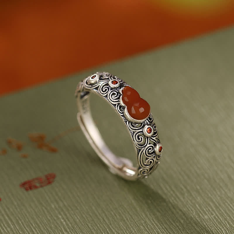 KarmaRipple's 925 Sterling Silver Red Agate Cyan Jade Gourd Blessing Auspicious Ring p1