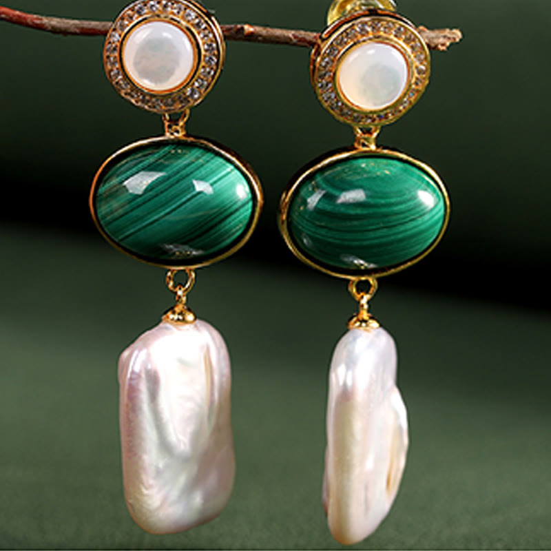 KarmaRipple's 925 Sterling Silver Authentic Baroque Pearl Malachite Balancing Wisdom Drop Earrings p7