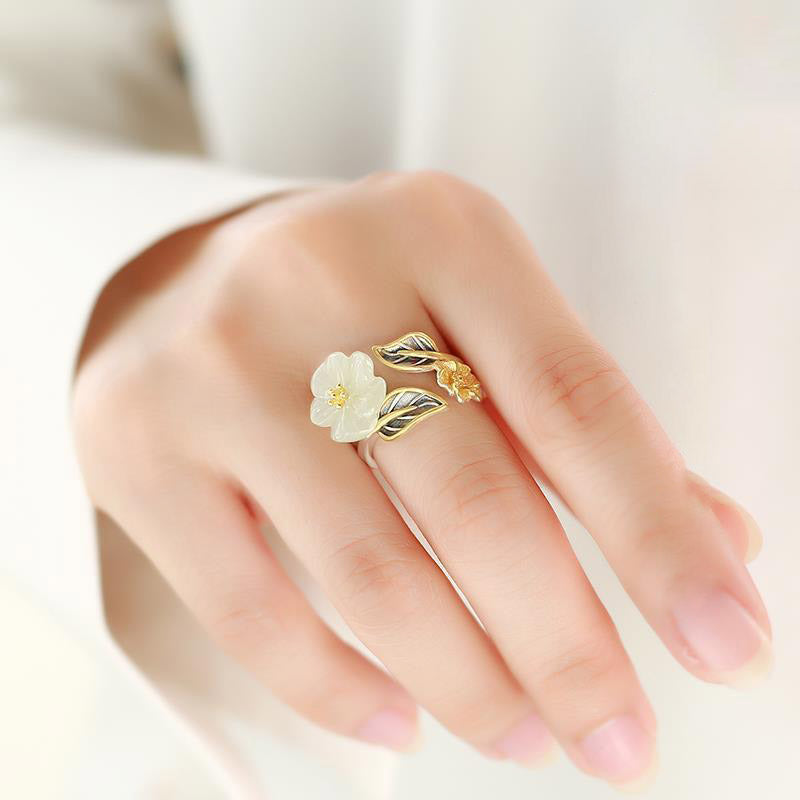 KarmaRipple's 925 Silver Plated Bronze Ivory Jade Plum Flower Leaf Fortune Ring p3