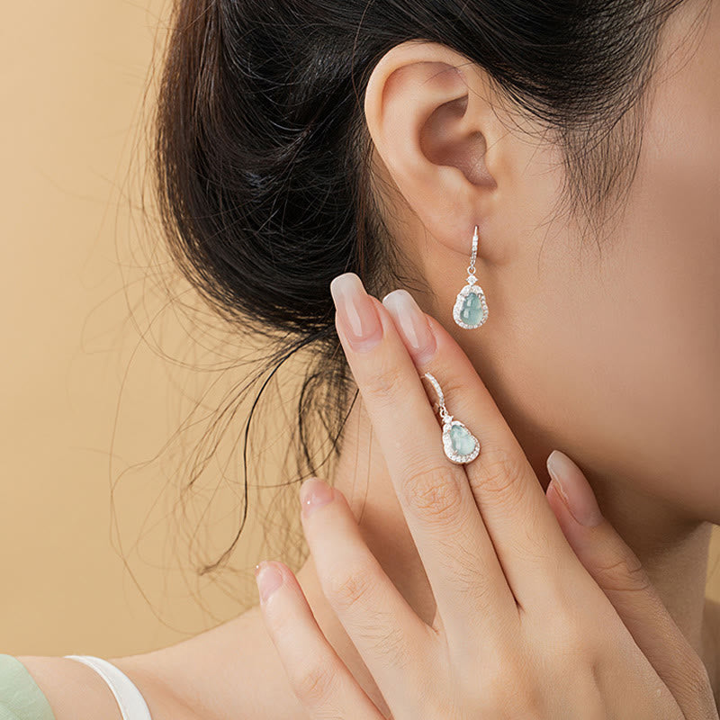 KarmaRipple's 925 Sterling Silver Green Jade Gourd Abundance Drop Earrings p5