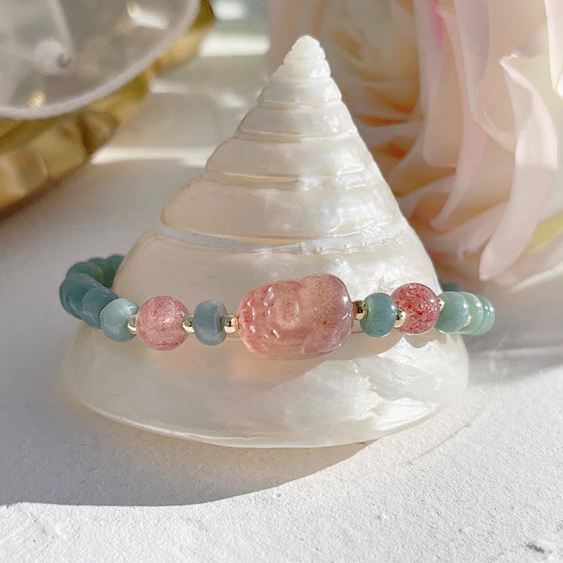 KarmaRipple's Authentic Hetian Jade Pearl Peace Buckle Fu Character Gourd Money Bag Strawberry Quartz PiXiu Fortune Bracelet p13