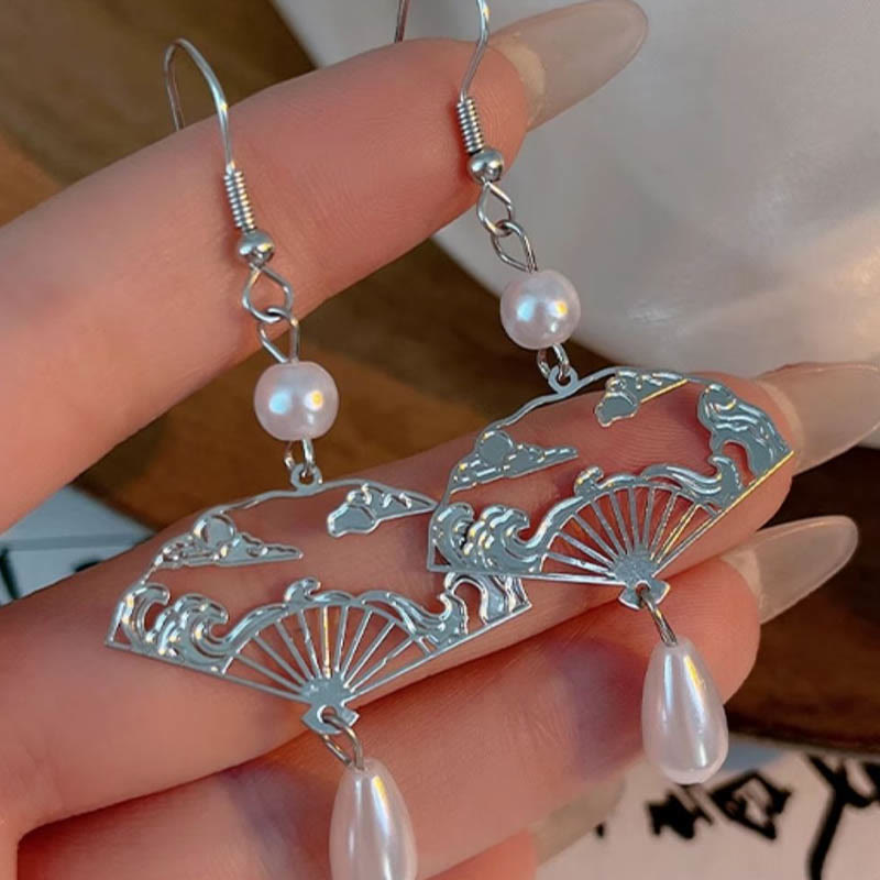 KarmaRipple's Bronze Fan Auspicious Clouds Pearl Balancing Drop Earrings p11