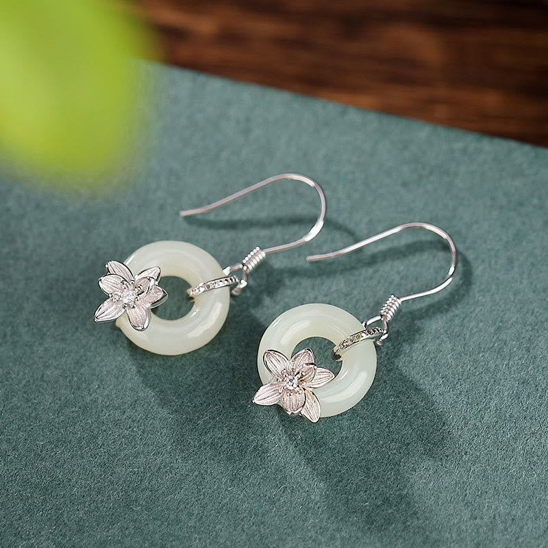 KarmaRipple's 925 Sterling Silver Hetian Jade Peace Buckle Orchid Prosperity Earrings p6