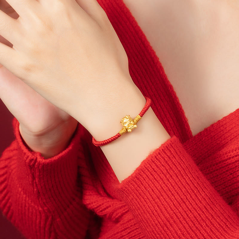 KarmaRipple's 999 Sterling Silver Year of the Dragon Bronze Coin Fortune Dragon Fu Character Fortune Handcrafted Red String Woven Bracelet ( p15