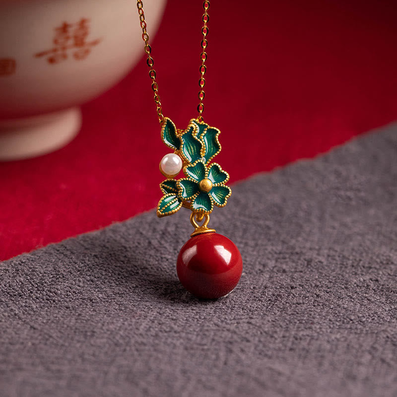 KarmaRipple's 925 Sterling Silver Plated Gold Cinnabar Pearl Flower Blessing Pendant Necklace Earrings Ring Set p7