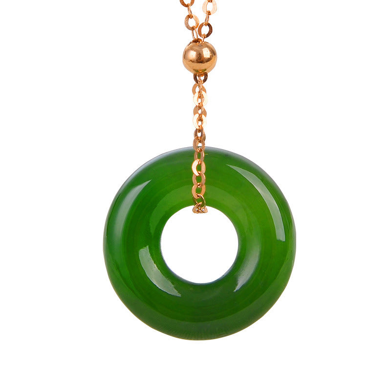 KarmaRipple's Round Cyan Jade Balancing 14K Gold Pendant Necklace p1