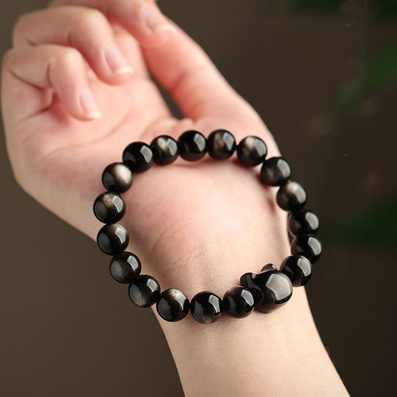 KarmaRipple's Gold Sheen Obsidian Silver Sheen Obsidian Lovely Paw Fortunate Cat Protection Bracelet p24