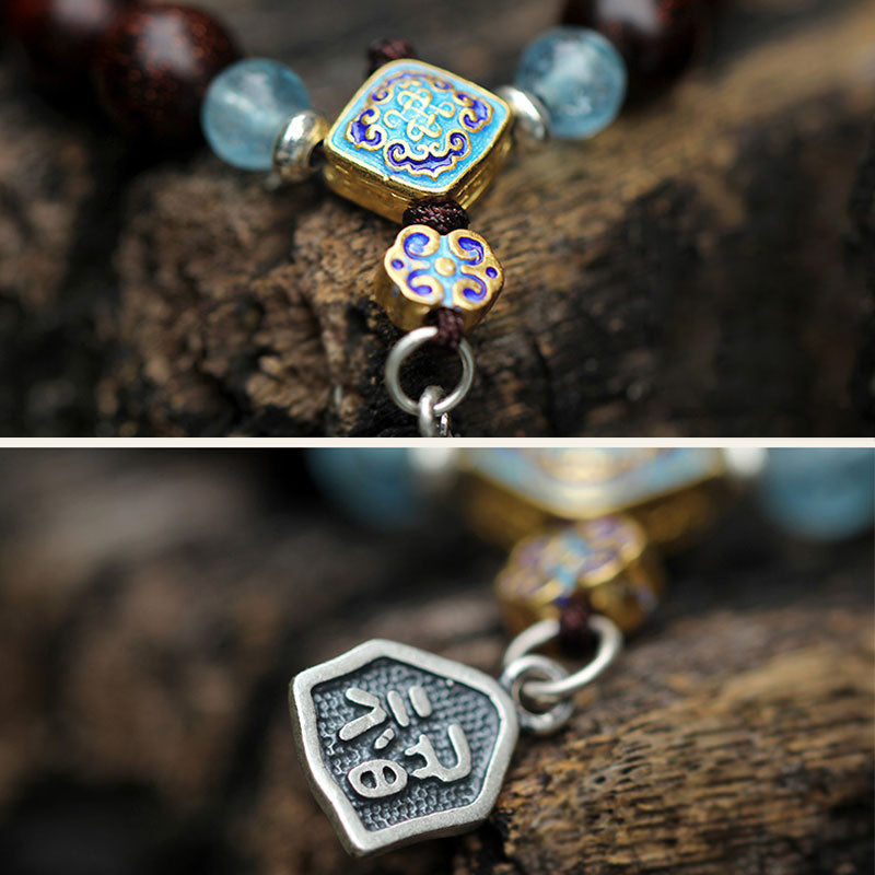 KarmaRipple's 925 Sterling Silver Indian Small Leaf Red Sandalwood Aquamarine Full of Gold Star Chinese Knotting Blessing Bracelet p19