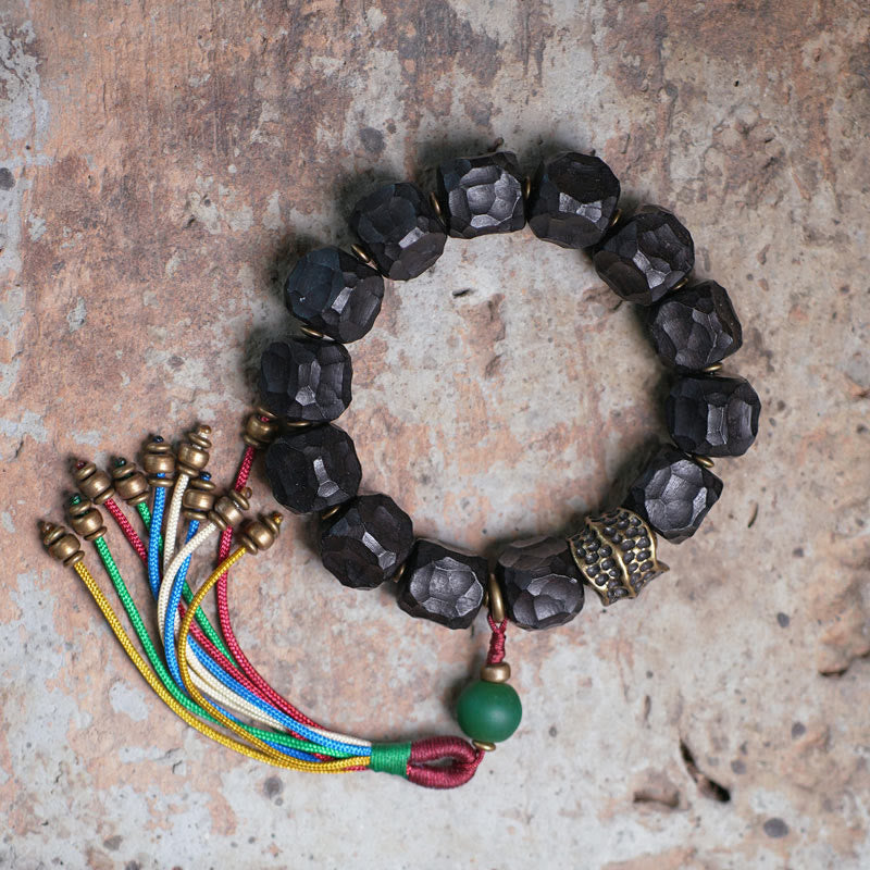 KarmaRipple's Tibet Ebony Wood Bronze Peace Tassel Wrist Mala Bracelet p1