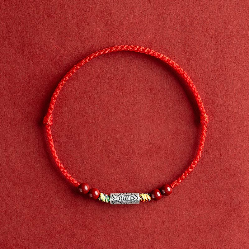 KarmaRipple's 925 Sterling Silver Koi Fish Cinnabar Bead Wealth Handcrafted Woven Bracelet Anklet p29