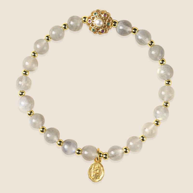 KarmaRipple's 14K Gold Plated Authentic Strawberry Quartz Labradorite Sun Stone Fu Character Positive Talisman Bracelet p11