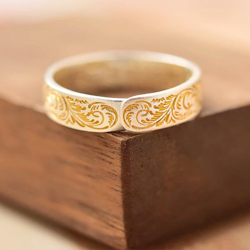 KarmaRipple's KarmaRipple 999 Sterling Silver Gold-Painted Joyful Flower Pattern Peaceful Heart Sutra Ring p4