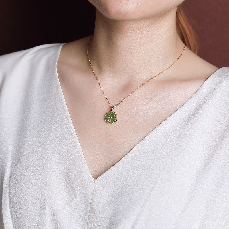 KarmaRipple's 925 Sterling Silver Hetian Cyan Jade Fortunate Four Leaf Clover Balancing Pendant Necklace p4