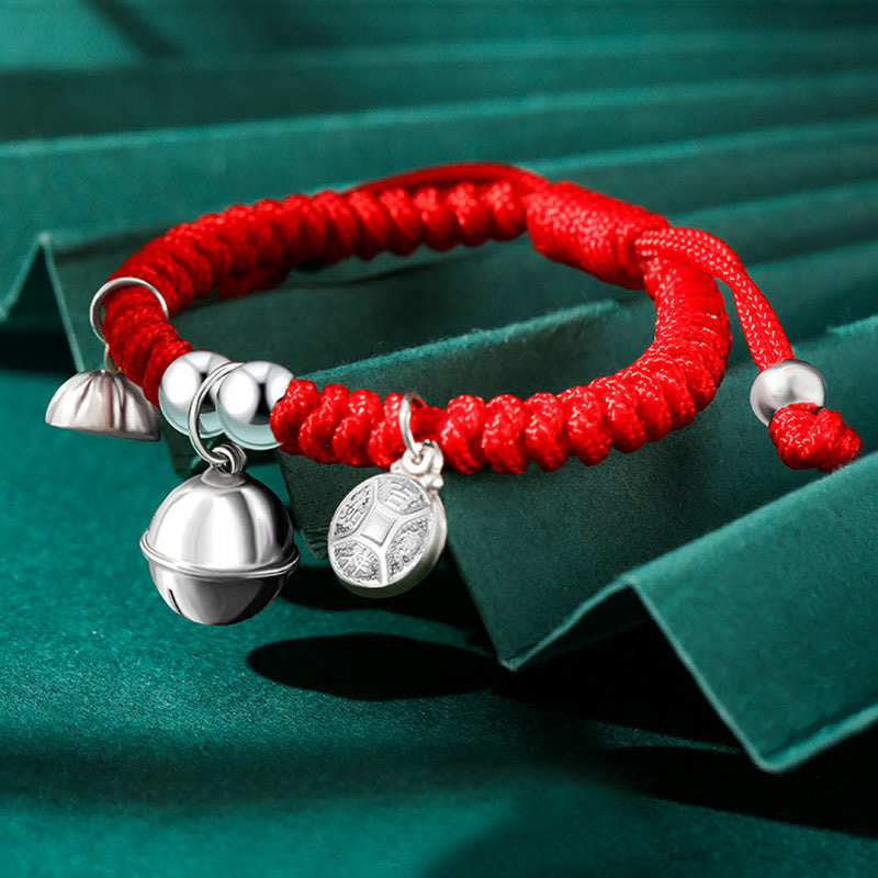 KarmaRipple's 925 Sterling Silver Handmade Fu Character Fortunate Money Bag Chinese Lock Talisman Bell Lotus Bronze Coin King Kong Weave Woven Kids Bracelet p26