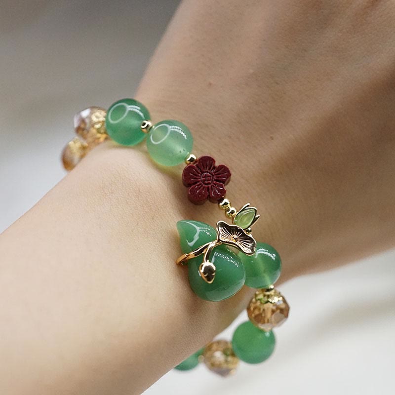KarmaRipple's Authentic Red Agate Green Agate Gourd Cinnabar Flower Beadwork Confidence Bracelet p7
