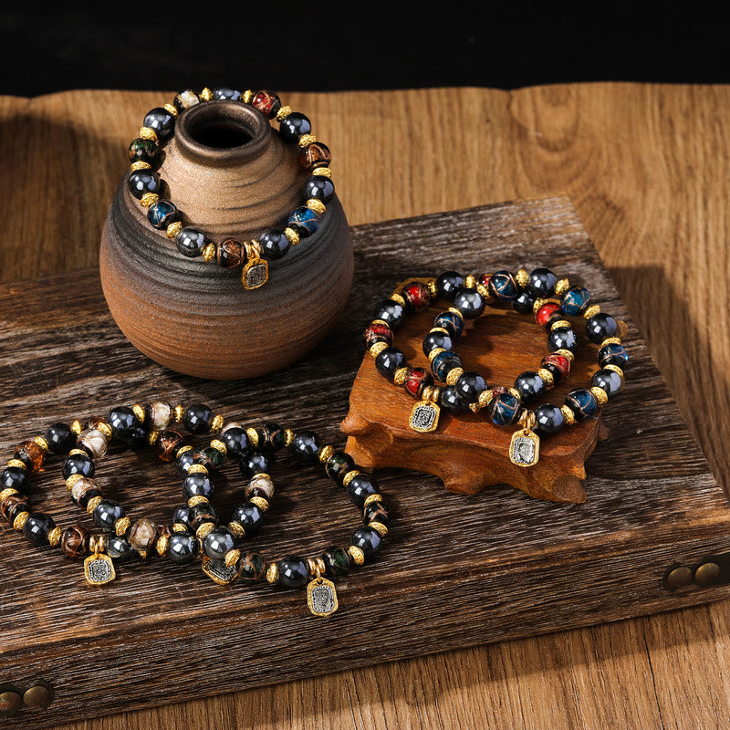 KarmaRipple's Tibetan Zakiram Goddess of Wealth Liuli Glass Incense Ash Porcelain Bead Fortune Bracelet ( p7