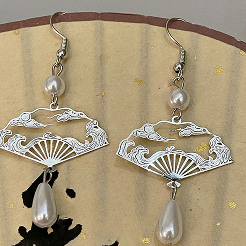 KarmaRipple's Bronze Fan Auspicious Clouds Pearl Balancing Drop Earrings p12