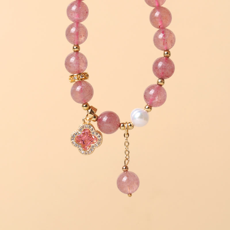 KarmaRipple's Strawberry Quartz Pearl Four Leaf Clover Talisman Balancing Bracelet p3
