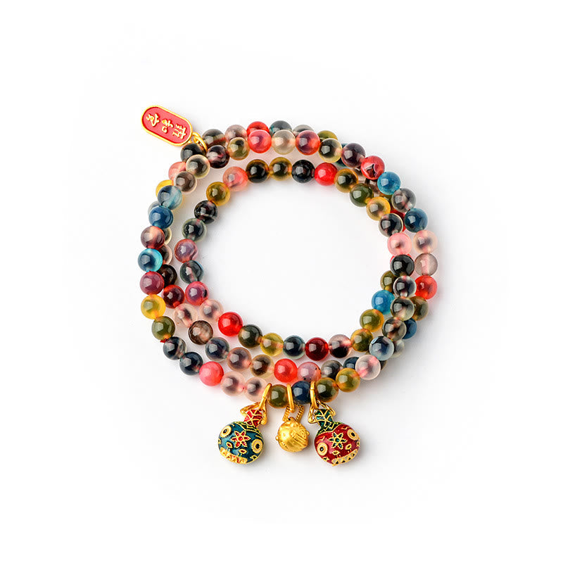 KarmaRipple's Colorful Candy Agate Gold Swallowing Beast Family Strength Talisman Triple Wrap Bracelet p10