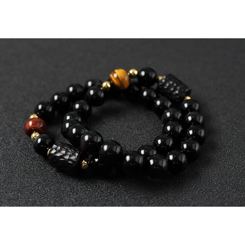 KarmaRipple's Black Obsidian Ebony Wood Red Tiger Eye Strength Pair Bracelet p17