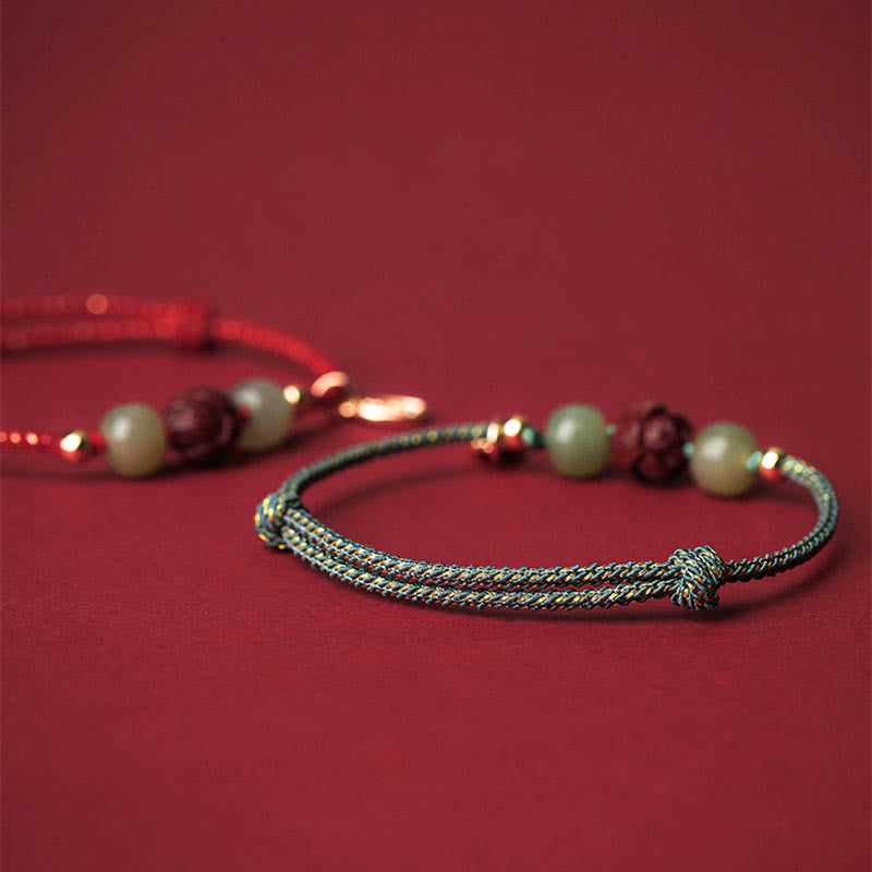 KarmaRipple's 14K Gold Plated Hetian Jade Cinnabar Lotus Fortune Handcrafted Rope Bracelet p13
