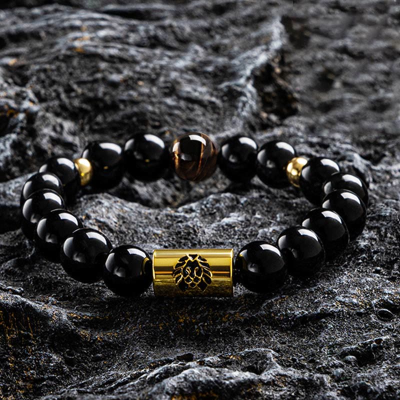 KarmaRipple's Black Onyx Tiger Eye Bead Lion Engraved Protection Bracelet p3