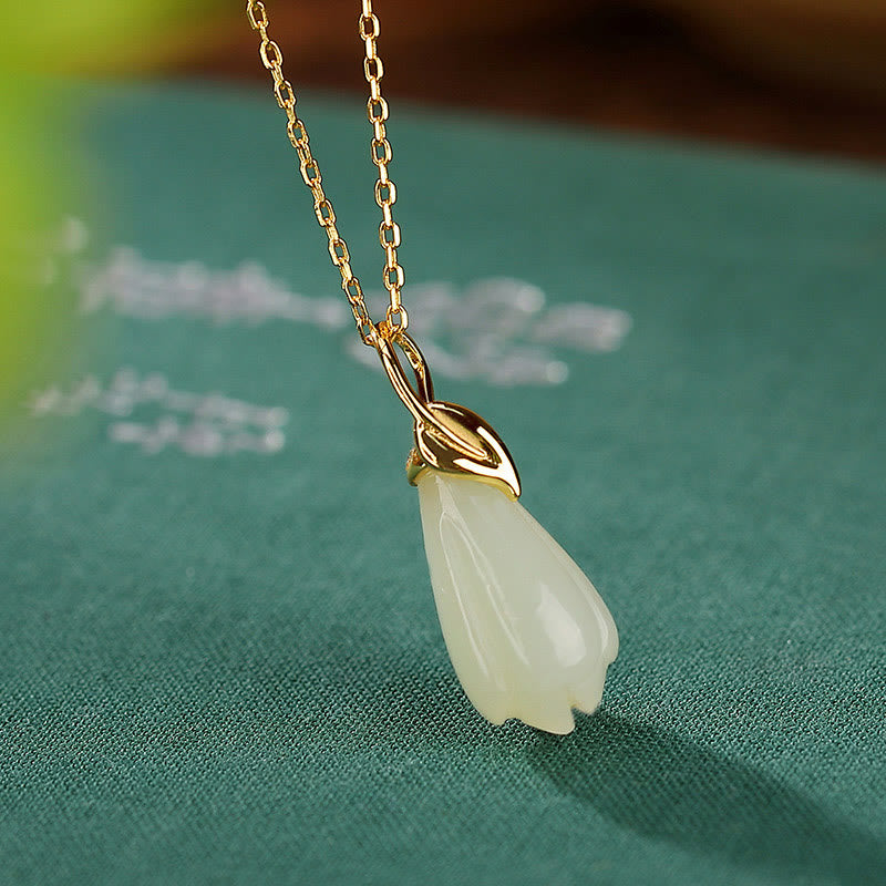 KarmaRipple's 925 Sterling Silver Plated Gold Authentic Hetian Jade Magnolia Flower Abundance Pendant Necklace p3