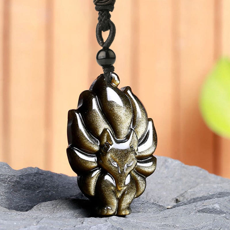 KarmaRipple's Authentic Fluorite Gold Sheen Obsidian Fox Necklace Protection Pendant p12