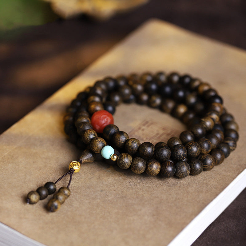 KarmaRipple's 108 Mala Beadwork Agarwood Red Agate Turquoise Peace Meditation Bracelet p8