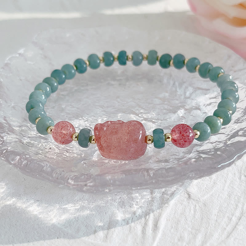 KarmaRipple's Authentic Hetian Jade Pearl Peace Buckle Fu Character Gourd Money Bag Strawberry Quartz PiXiu Fortune Bracelet p14